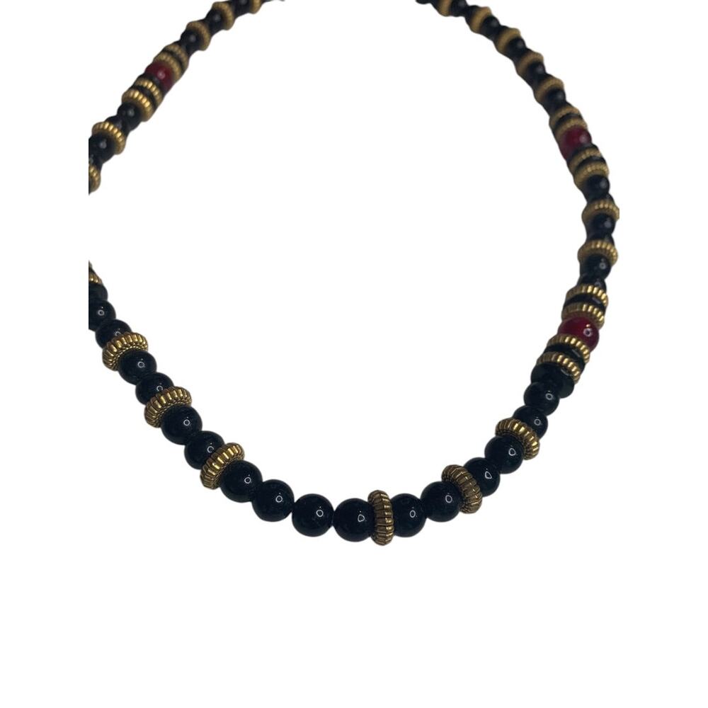 Vintage‎ 23 Inch Beaded Necklace Red Black Goldtone Spacer Barrel Clasp